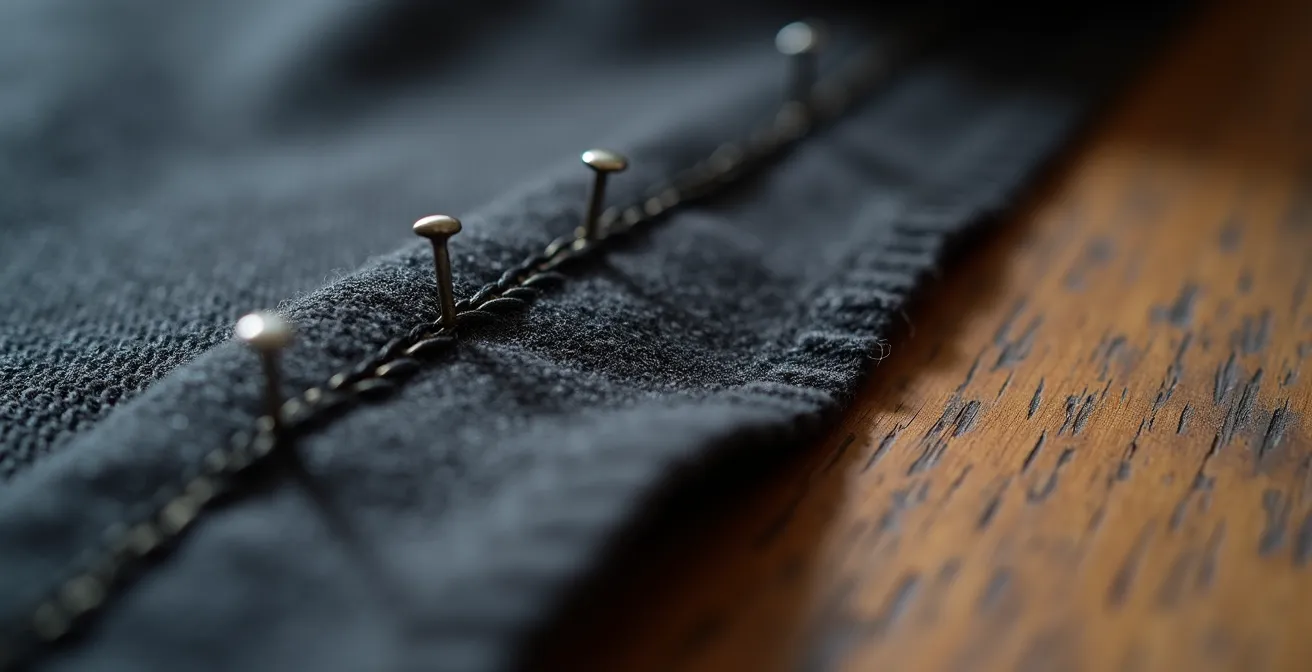 Détail macro d'une couture anglaise sur tissu de laine premium