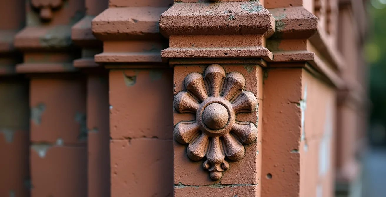 Détails macro d'une façade en grès rouge écossais avec ses textures et ornementations sculptées