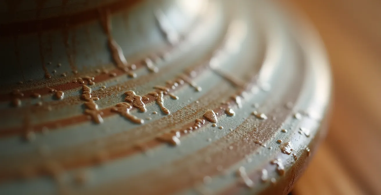 Gros plan sur les détails uniques d'une poterie artisanale montrant les variations de glaçure