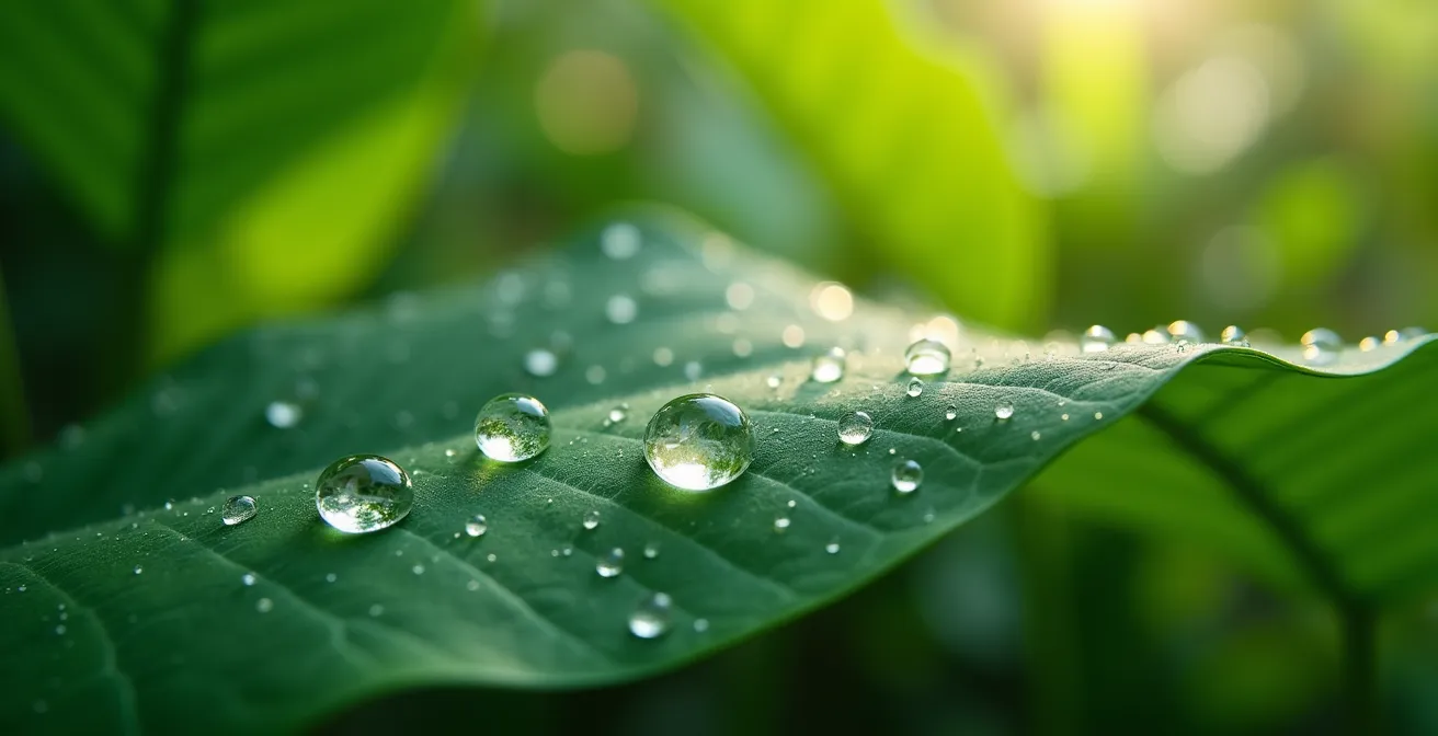 Gros plan sur une feuille tropicale avec gouttes de rosée et nervures visibles