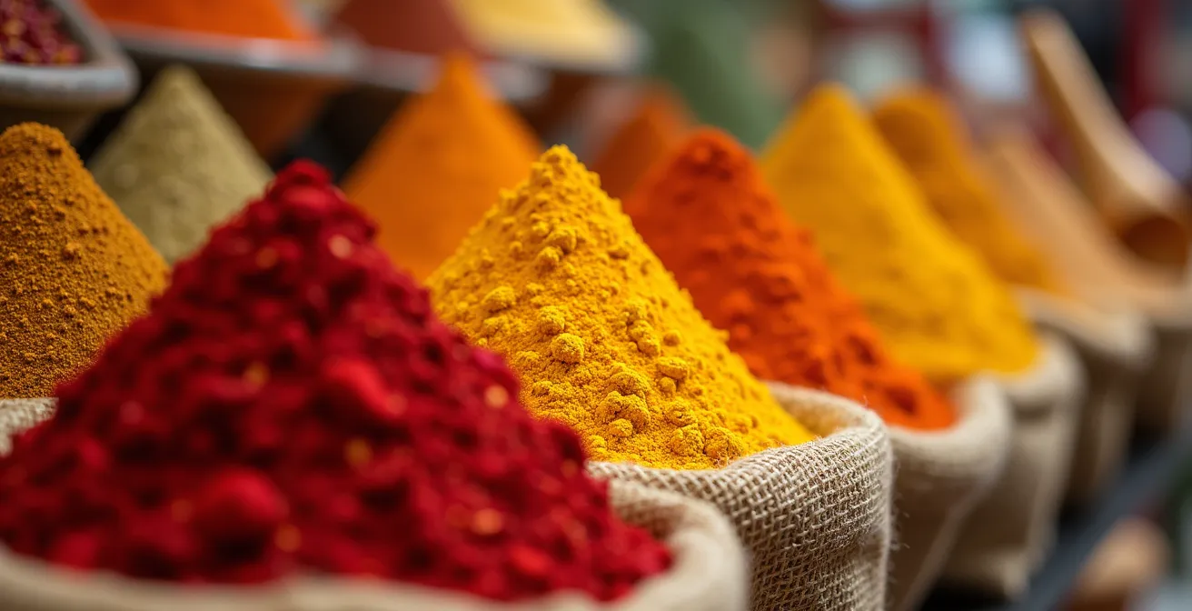 Intérieur coloré d'une épicerie ethnique montréalaise avec épices et produits internationaux