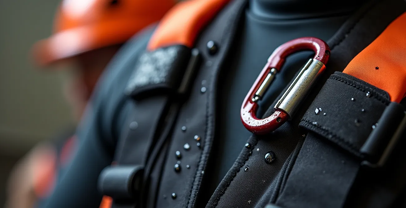 Gros plan macro sur équipement de sécurité pour sports nautiques avec textures détaillées