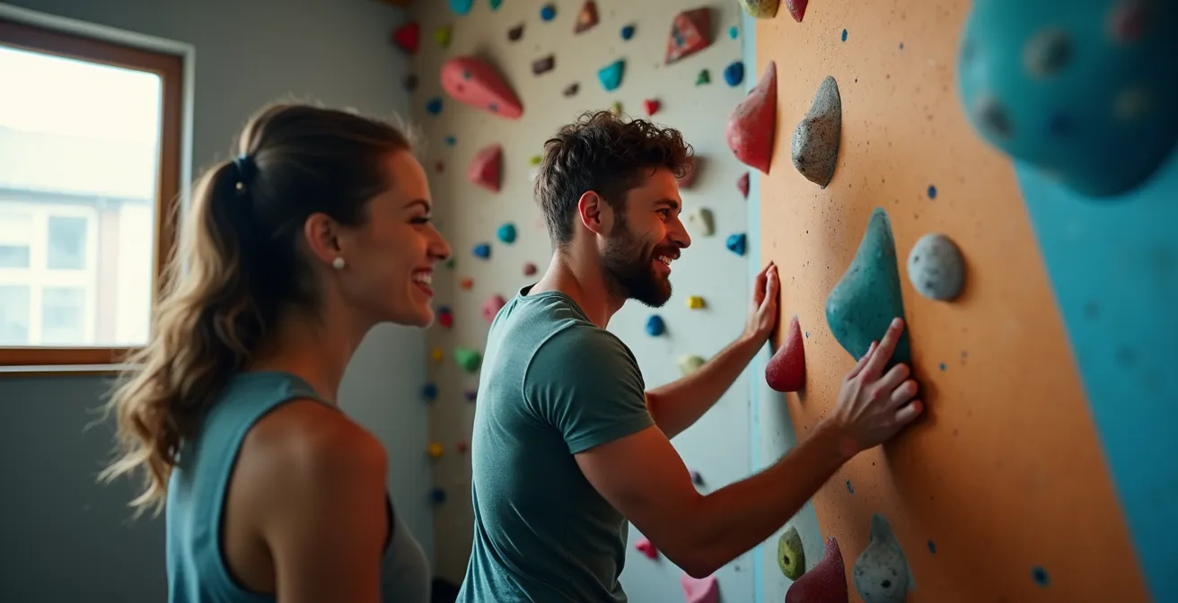Grimpeurs sur mur d'escalade intérieur coloré dans un gym montréalais avec lumière naturelle