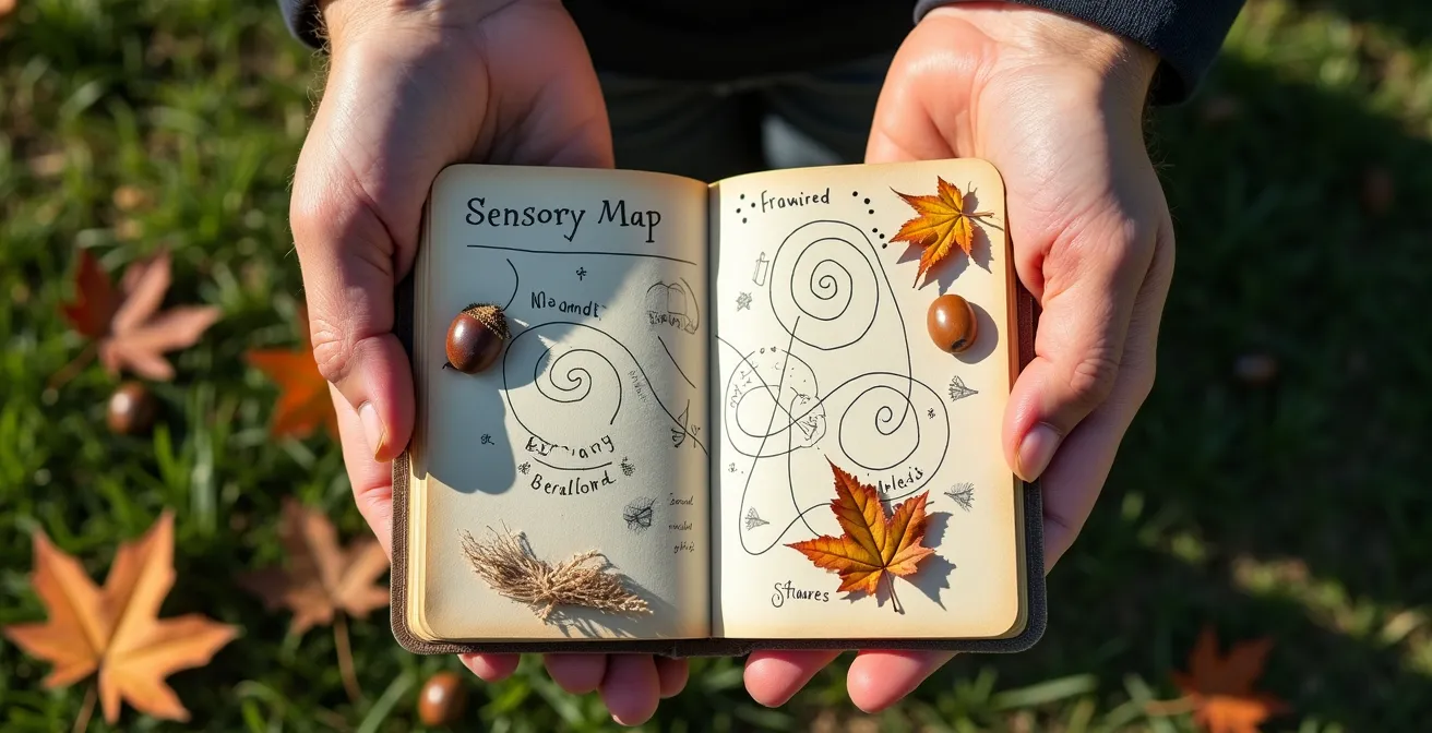 Gros plan sur des mains dessinant une carte sensorielle avec des symboles colorés dans un carnet