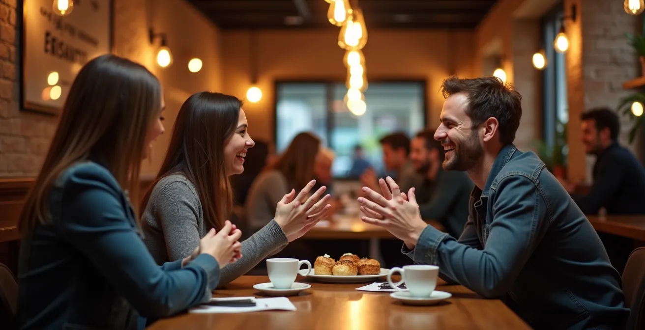Scène chaleureuse dans un café montréalais avec habitants locaux en conversation naturelle