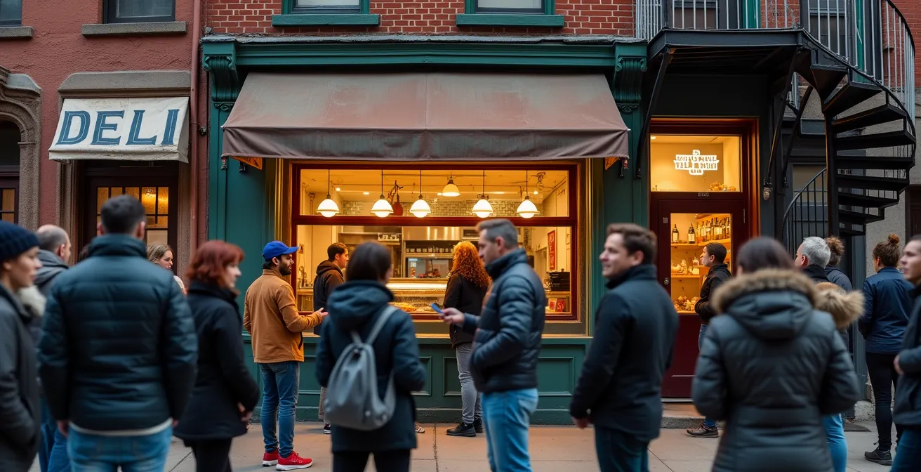 File d'attente devant le célèbre Schwartz's Deli à Montréal avec clients enthousiastes