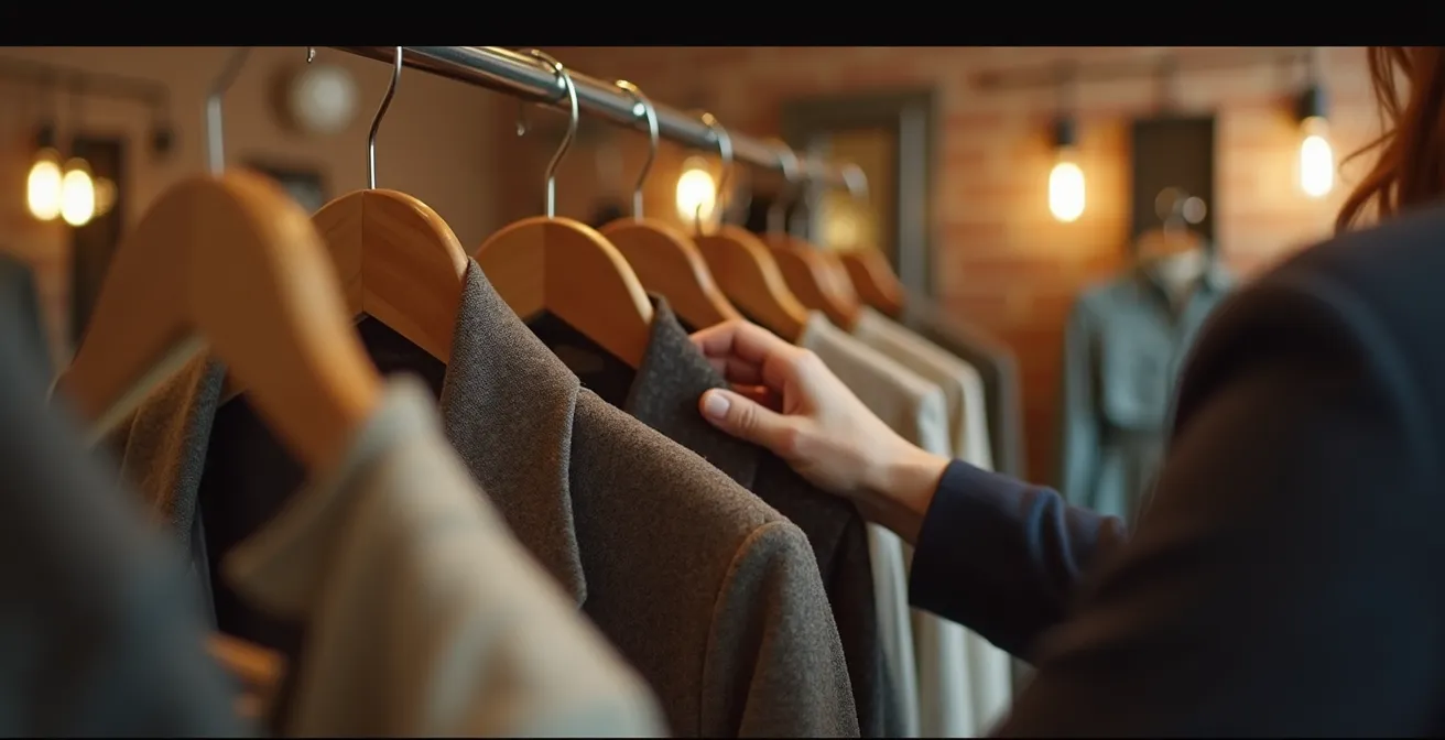 Intérieur élégant d'une friperie de luxe montréalaise avec portants de vêtements designers