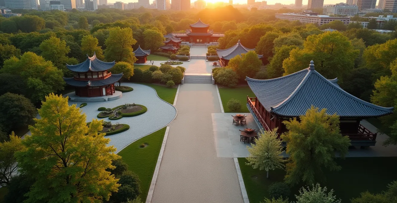 Vue aérienne montrant les trois jardins culturels du Jardin botanique avec leurs architectures distinctives baignées dans une lumière dorée