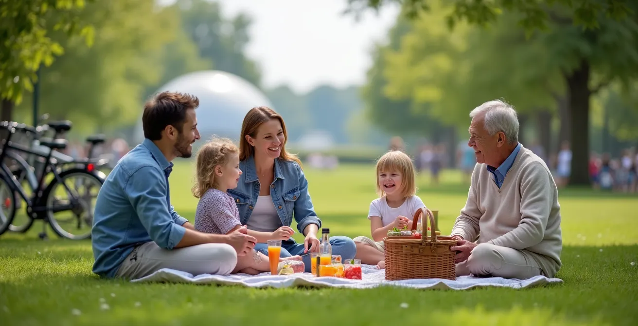 Famille profitant d'activités variées au Parc Jean-Drapeau par une belle journée ensoleillée