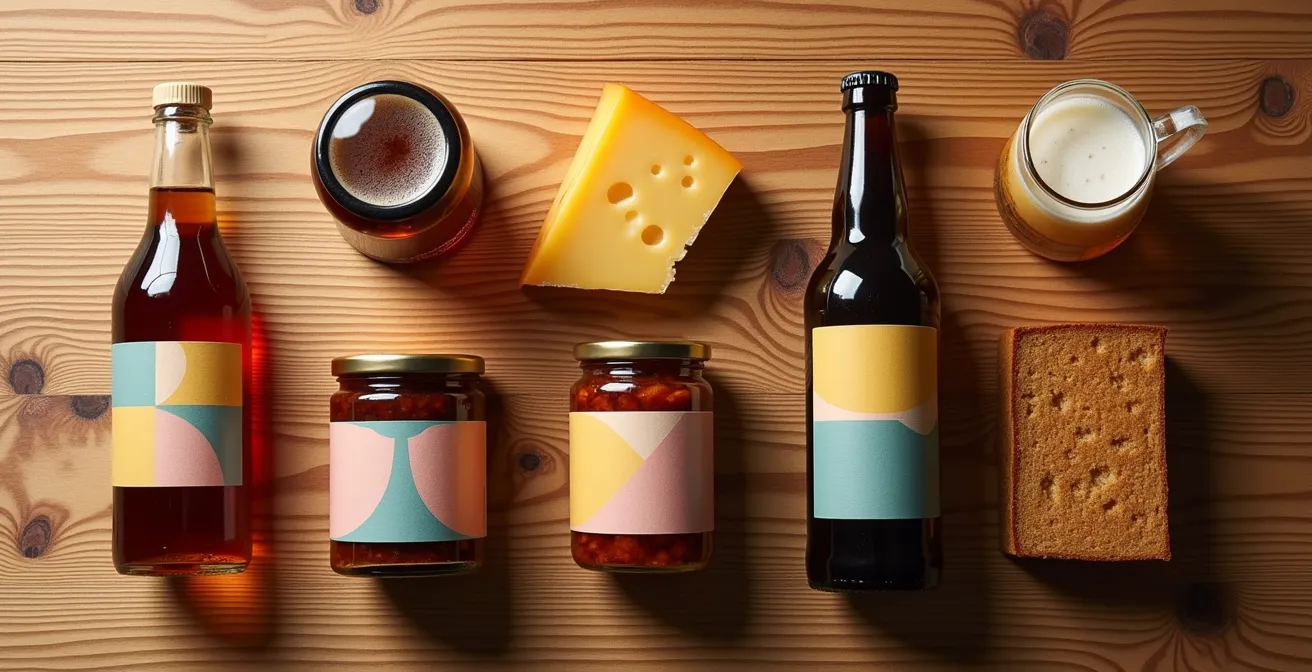 Composition artistique de produits du terroir avec étiquettes abstraites et textures naturelles