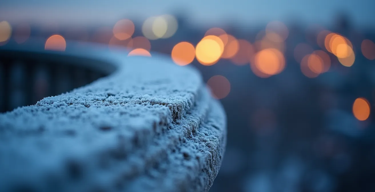 Détail macro du muret en pierre du belvédère recouvert de givre scintillant avec bokeh de lumières de la ville en arrière-plan