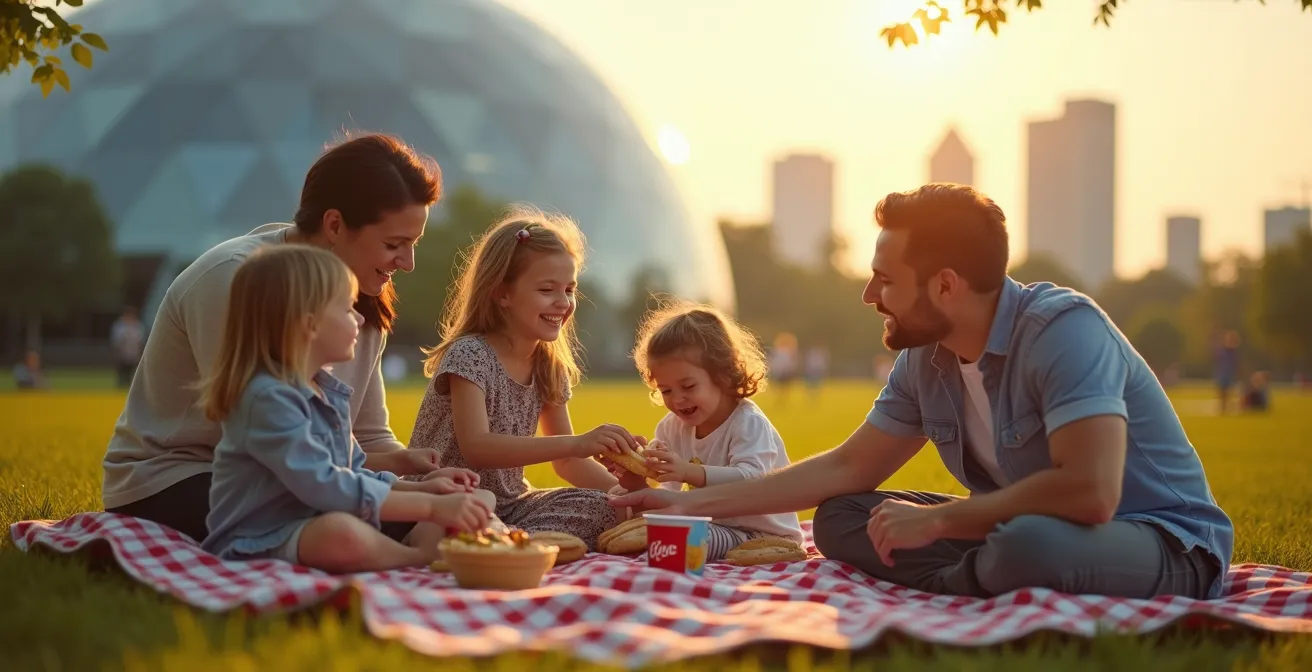 Familles pique-niquant sur la pelouse du Parc Jean-Drapeau avec la Biosphère en arrière-plan