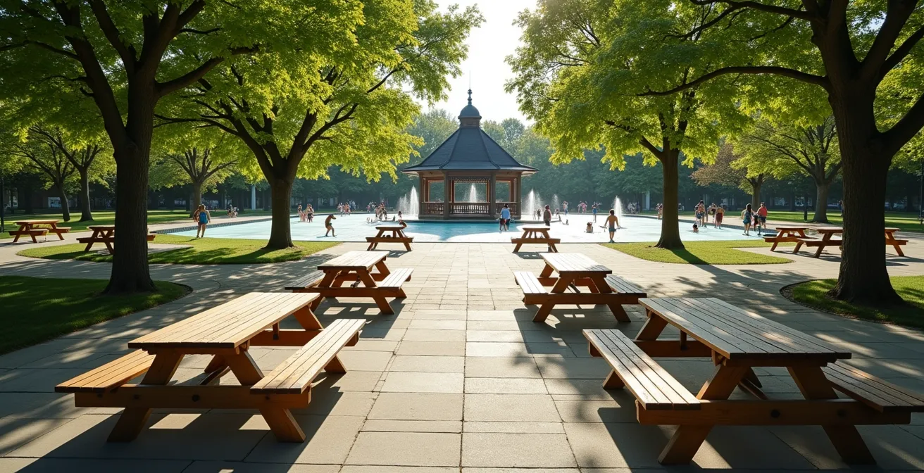 Vue aérienne d'une aire de pique-nique ombragée avec jeux d'eau et familles à Montréal