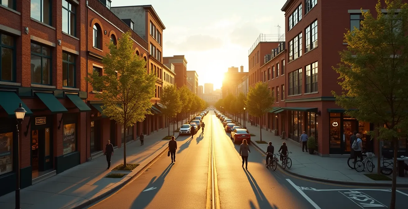 Vue aérienne des rues Marconi, Henri-Julien et Alexandra dans le Mile-Ex avec boutiques et ateliers