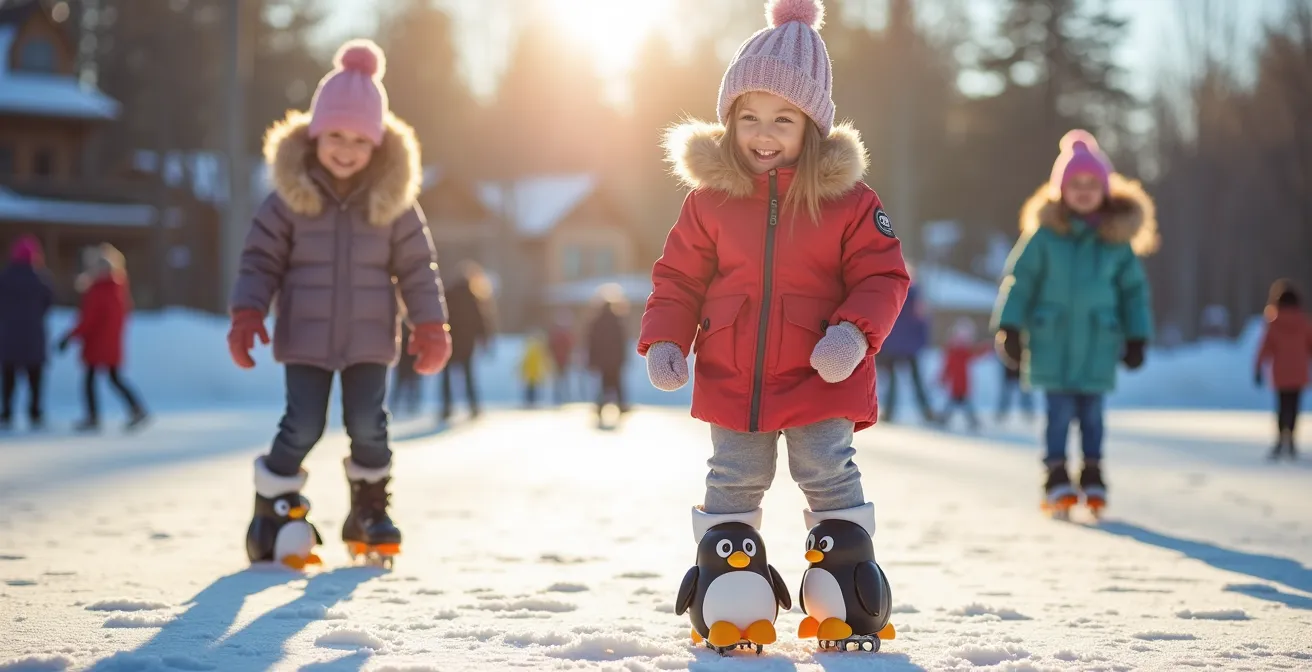 Enfants apprenant à patiner avec des supports colorés en forme de pingouin sur une patinoire extérieure ensoleillée