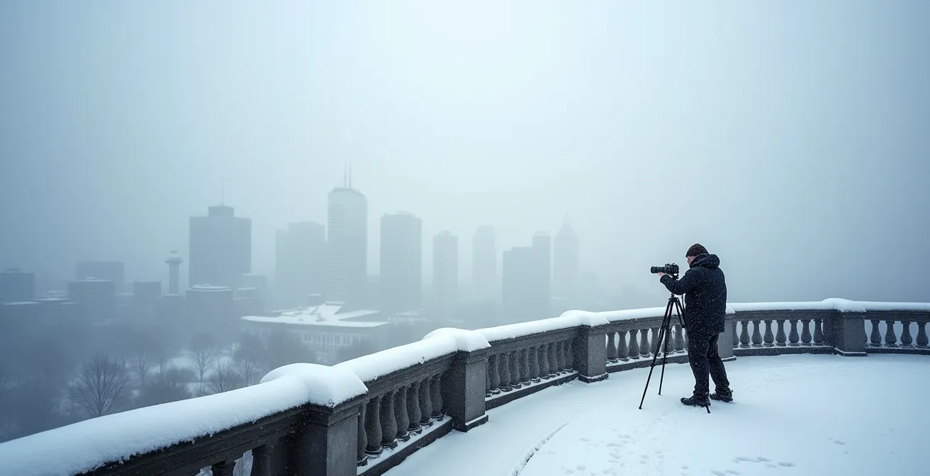 Photographe avec trépied sur le belvédère Kondiaronk durant une tempête de neige, capturant la skyline de Montréal partiellement voilée