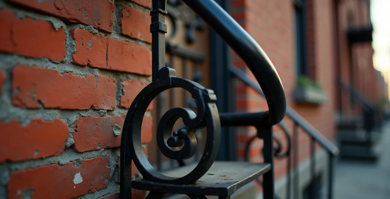 Détail architectural d'un triplex montréalais typique avec escaliers en fer forgé