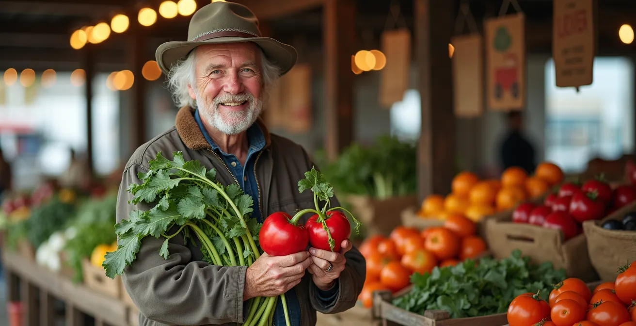 Portrait chaleureux d'un producteur maraîcher québécois présentant fièrement ses légumes patrimoniaux