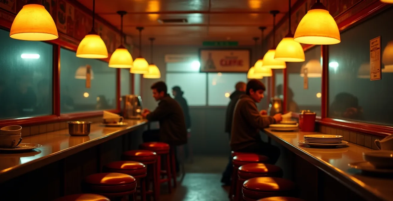Intérieur d'un casse-croûte montréalais la nuit avec des clients attablés savourant leur poutine, éclairage tamisé et ambiance chaleureuse