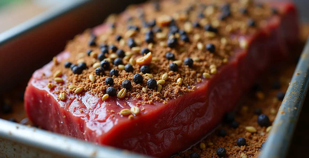 Gros plan sur une poitrine de bœuf recouverte d'épices pendant le processus de salaison