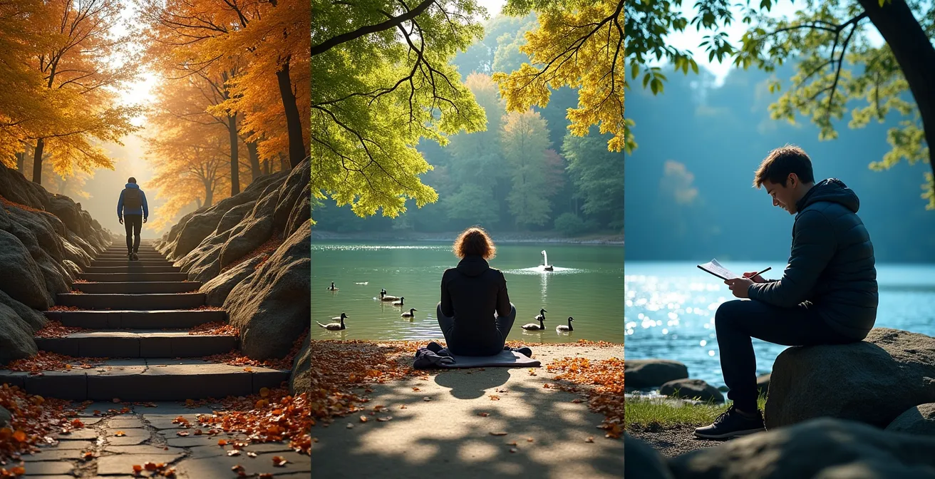 Triptyque montrant trois scènes distinctes des parcs montréalais avec des visiteurs en contemplation