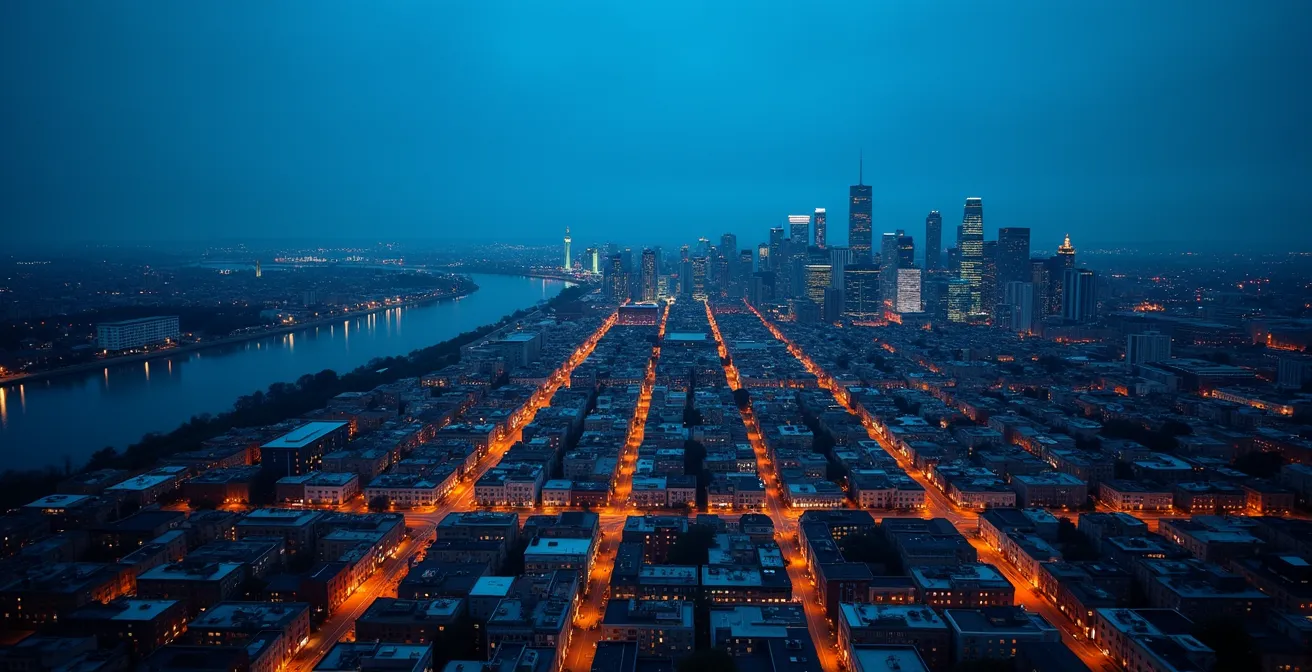 Vue aérienne de Montréal montrant la diversité des quartiers depuis le fleuve Saint-Laurent