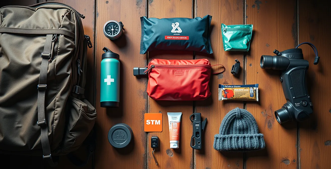 Vue éclatée du contenu d'un sac à dos de randonnée avec tous les essentiels disposés méthodiquement