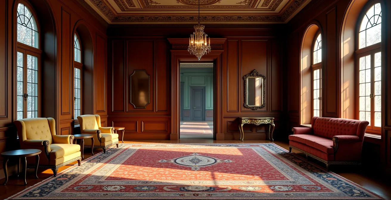 Intérieur victorien luxueux avec boiseries en acajou et vitraux colorés baignés de lumière naturelle