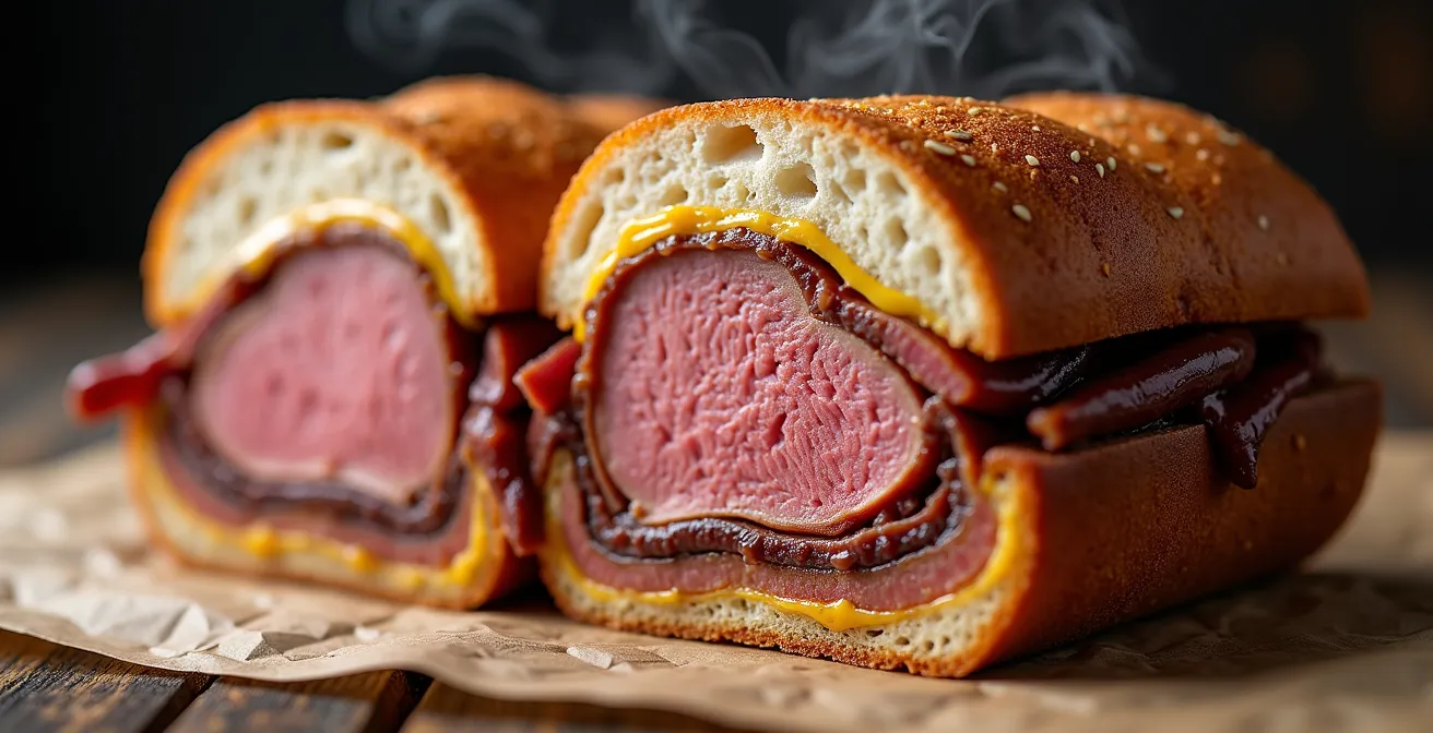 Gros plan macro d'un sandwich au smoked meat tranché montrant les couches de viande fumée et pain de seigle