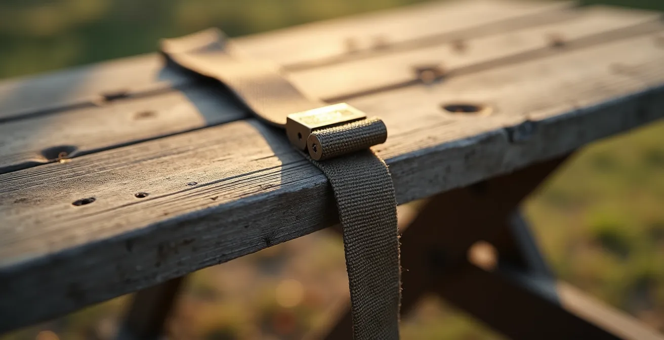 Gros plan sur une table de pique-nique avec un sac sécurisé par un cadenas discret