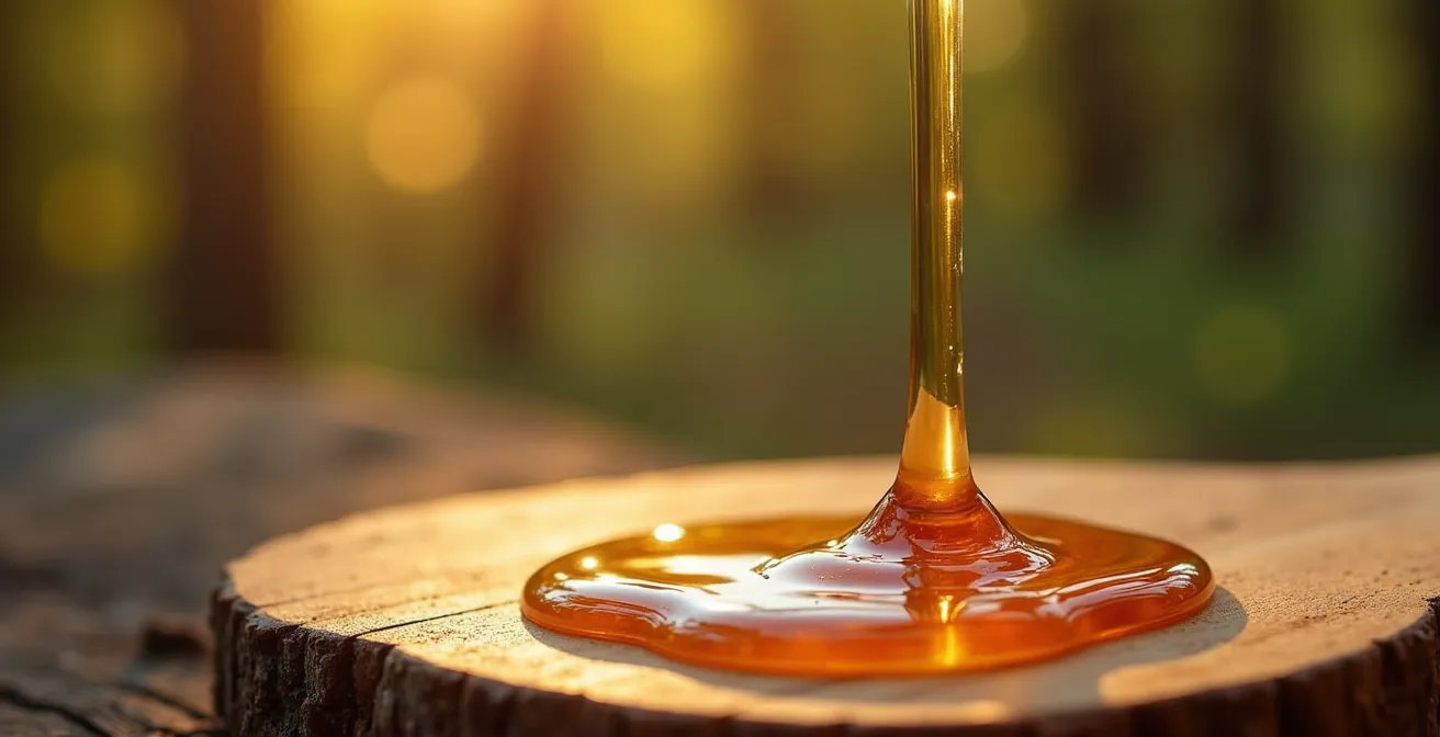 Gros plan macro sur du sirop d'érable doré coulant sur une cuillère en bois avec arrière-plan flou d'érablière