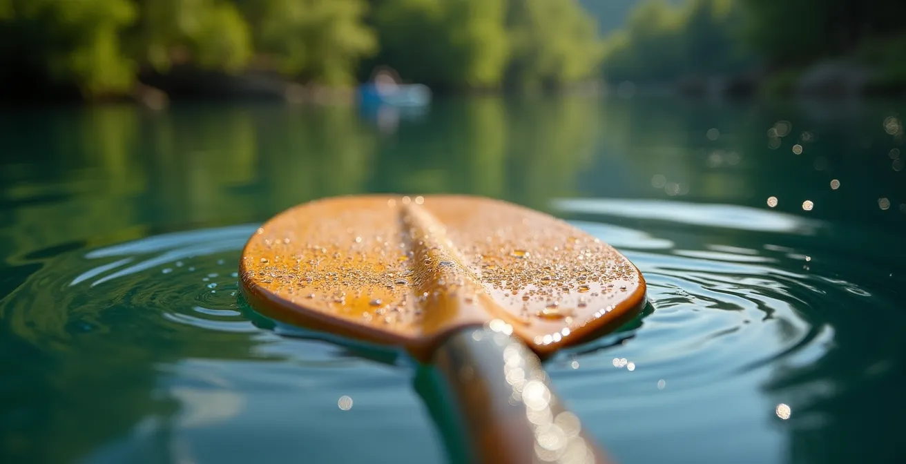 Kayakistes pagayant sur le lac tranquille de l'île Notre-Dame avec la nature luxuriante en arrière-plan