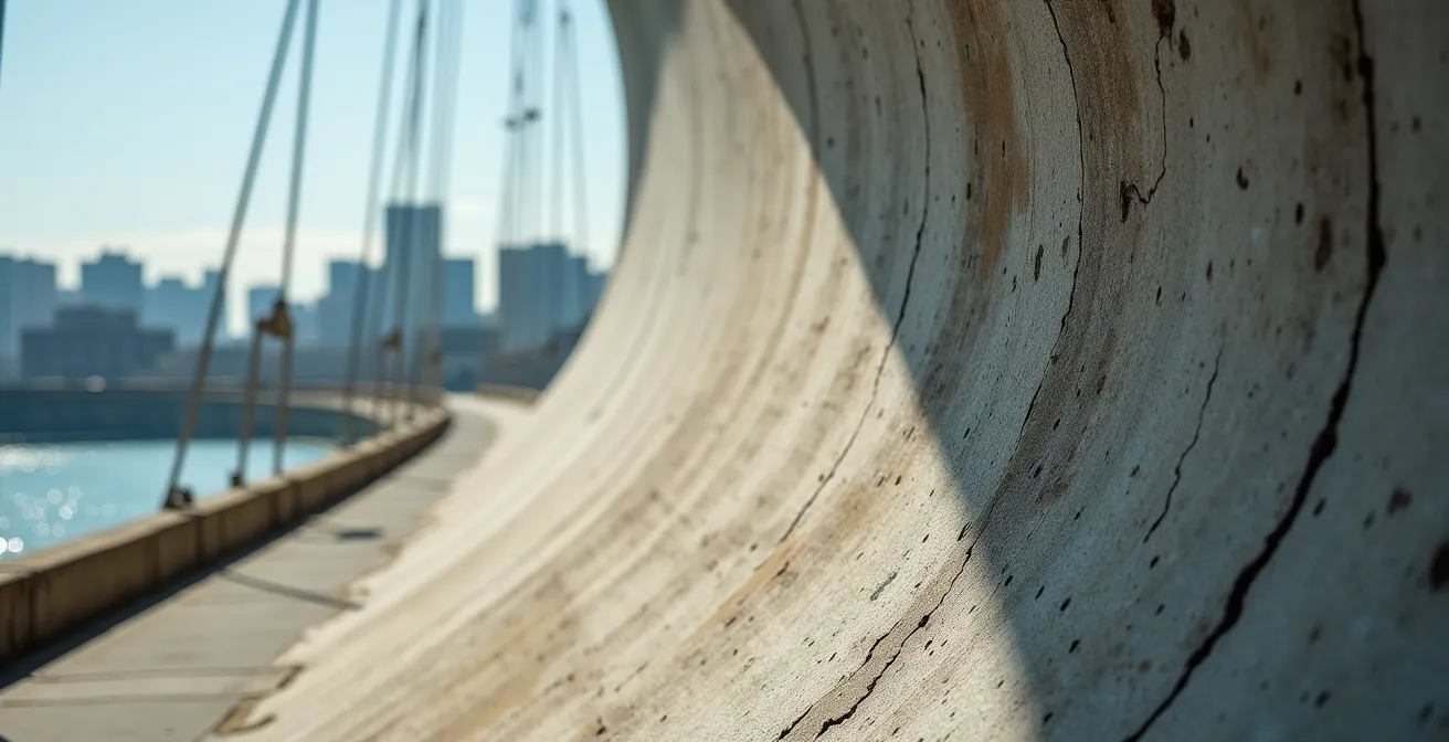 Vue macro de la structure du Stade Olympique de Montréal montrant les détails du béton et la tour inclinée