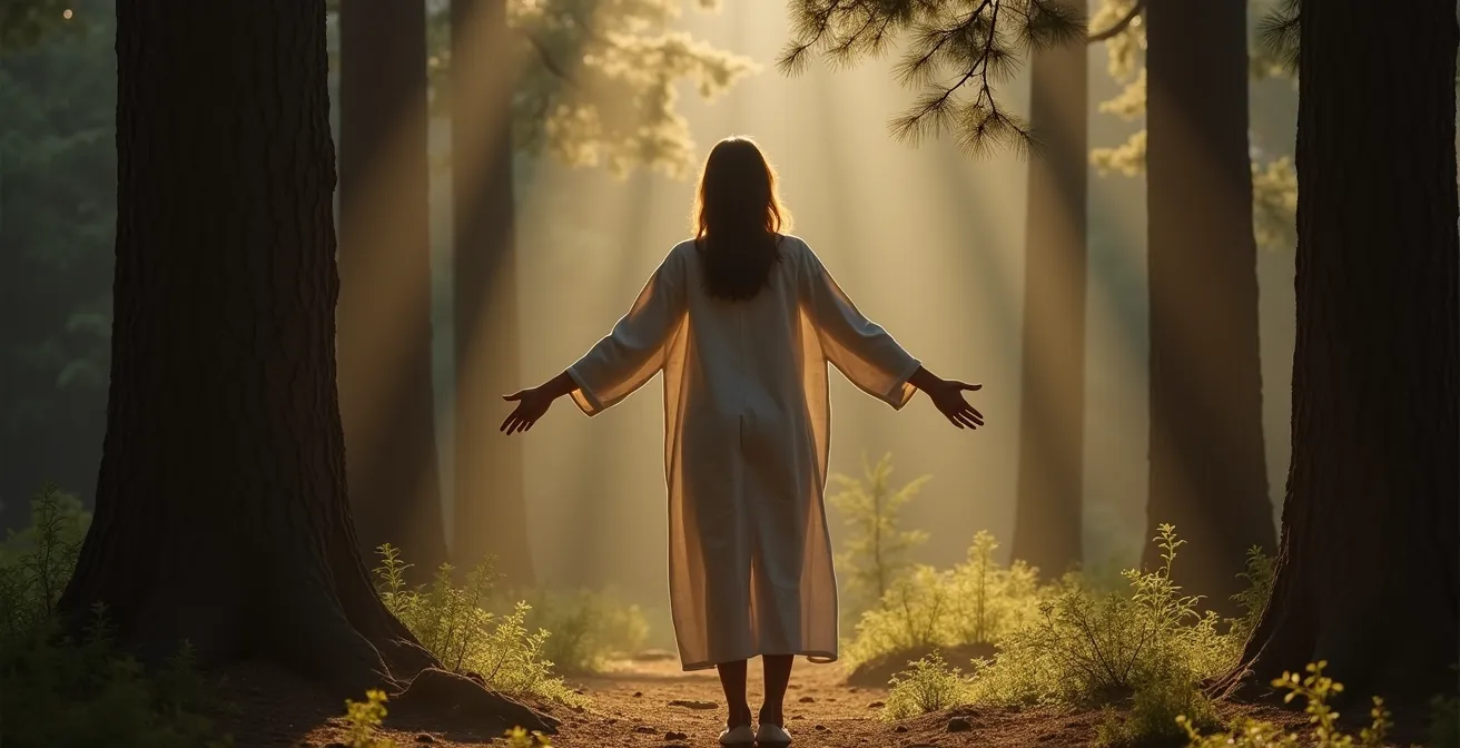 Personne pratiquant un bain de forêt dans l'Arboretum, bras ouverts parmi les conifères avec rayons de lumière filtrant entre les branches