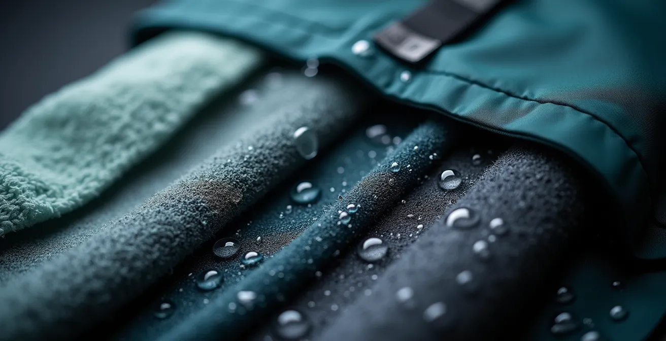 Gros plan sur les différentes couches de vêtements techniques pour la randonnée hivernale