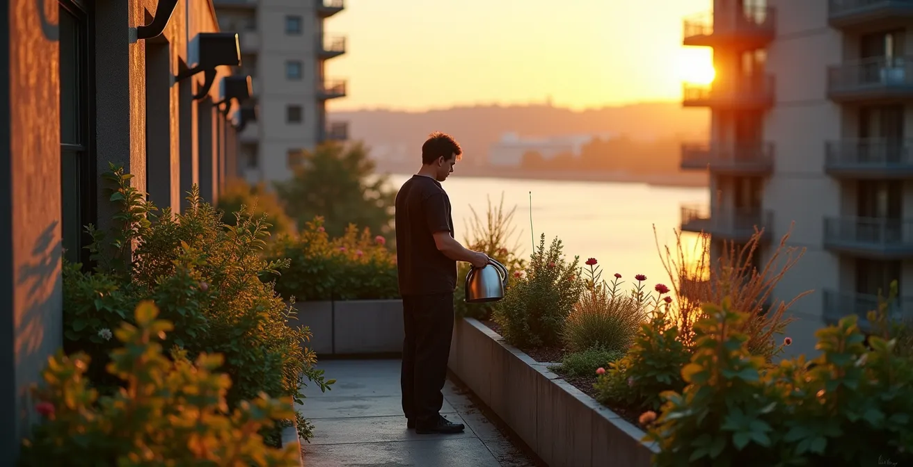 Terrasses privées verdoyantes d'Habitat 67 avec vue sur le fleuve Saint-Laurent