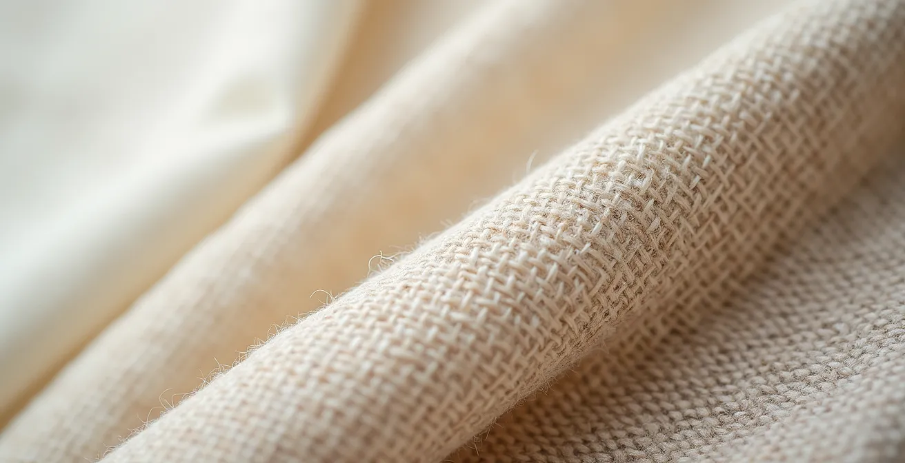 Gros plan macro sur différents textiles durables : lin, chanvre et laine locale du Québec