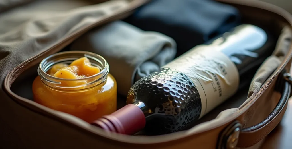 Vue plongeante d'une valise ouverte avec des produits soigneusement organisés pour le passage de la douane Vue plongeante d'une valise ouverte avec des produits soigneusement organisés pour le passage de la douane